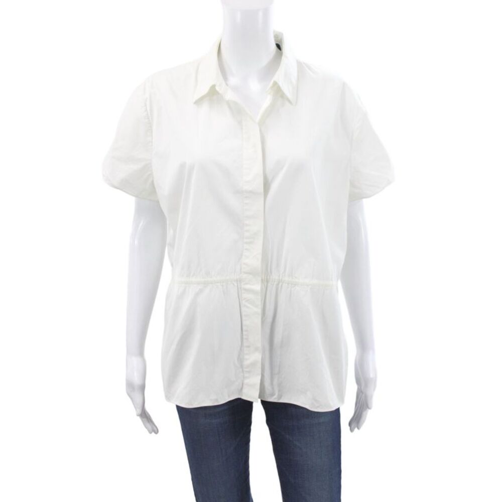 Theory Women Collared Short Sleeve Basic Button-Up White Cotton Blouse Size L